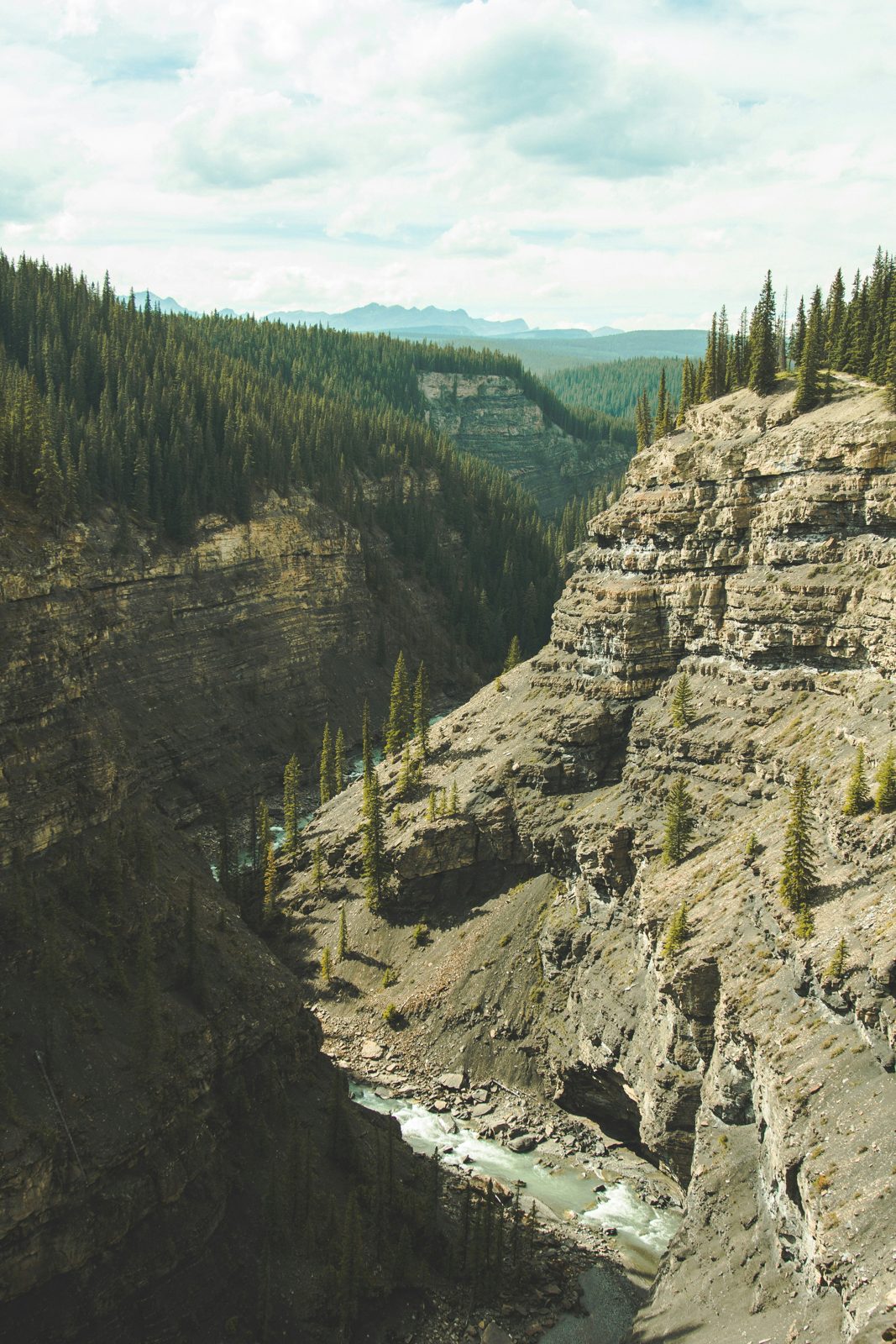 Layered sandstone cliffs above a river in a badlands canyon near Drumheller