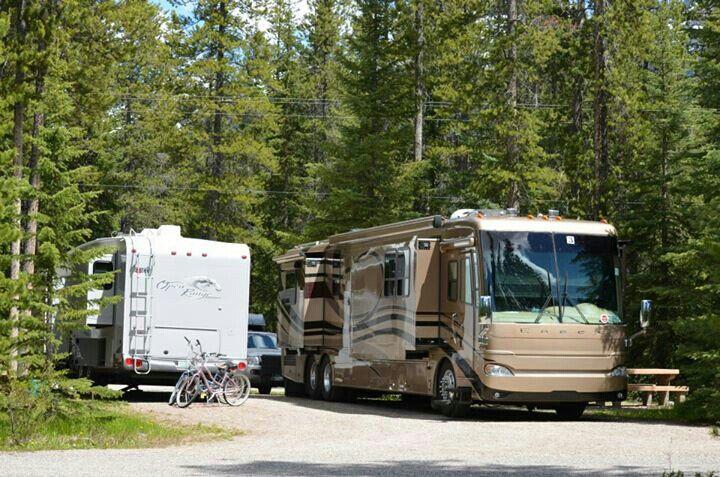 A motorhome and a travel trailer parked on gravel sites among pine trees in a mountain campground